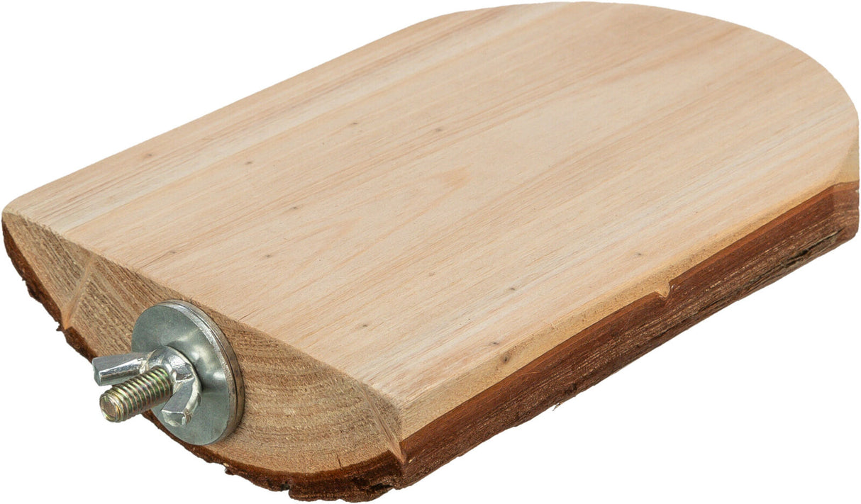 Holzplatte mit abgerundeten Ecken und Metallbefestigung an der Seite, natürliche Holzmaserung sichtbar.