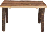 Ein rechteckiger Tisch mit brauner Holzplatte und vier runden, naturbelassenen Holzbeinen.