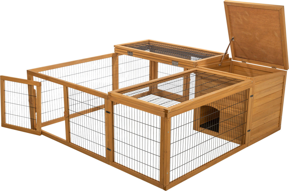 Holzgehege mit Gitterwänden und -dächern, eine geöffnete Tür an der Seite und ein aufklappbarer Deckel auf der rechten Seite.
