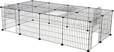 Rechteckiger, schwarzer Metallkäfig mit Gitterdesign und herausnehmbarer Tür auf der Vorderseite.