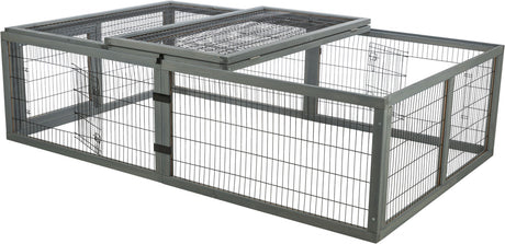 Rechteckiger, grauer Metallkäfig mit Gitterseiten und klappbaren Deckelteilen auf hellem Hintergrund.