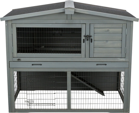 Grauer Hasenstall mit schwarzem Dach, zwei Türen oben mit Gitterfenster, Schublade und Rampe unten.