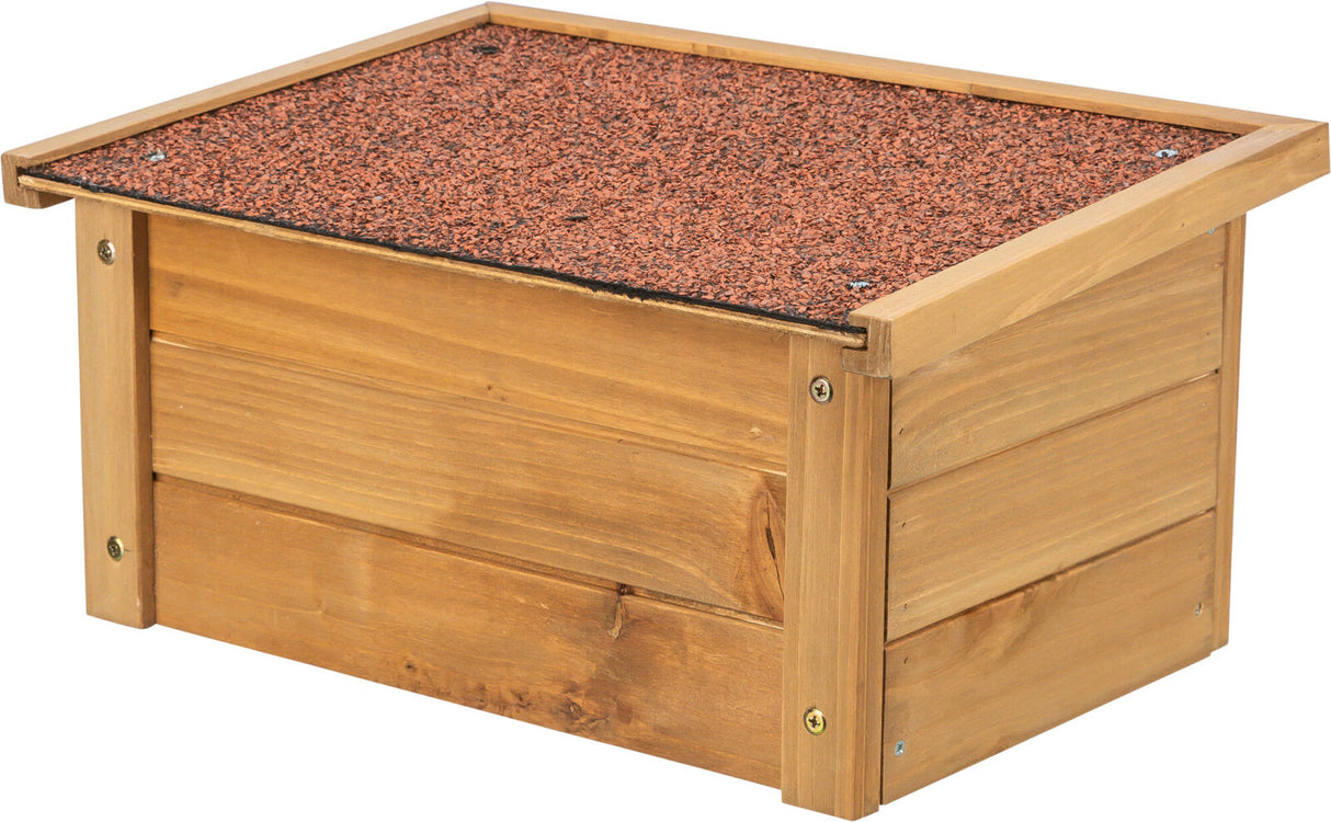 Holzbox mit rechteckiger Form, flachem Dach aus rotem Granulatmaterial, sichtbaren Schrauben an den Ecken.