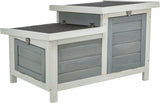 Holzschrank mit grauen und weißen Paneelen, zwei Klappen oben, und Herzdetail an der Front.