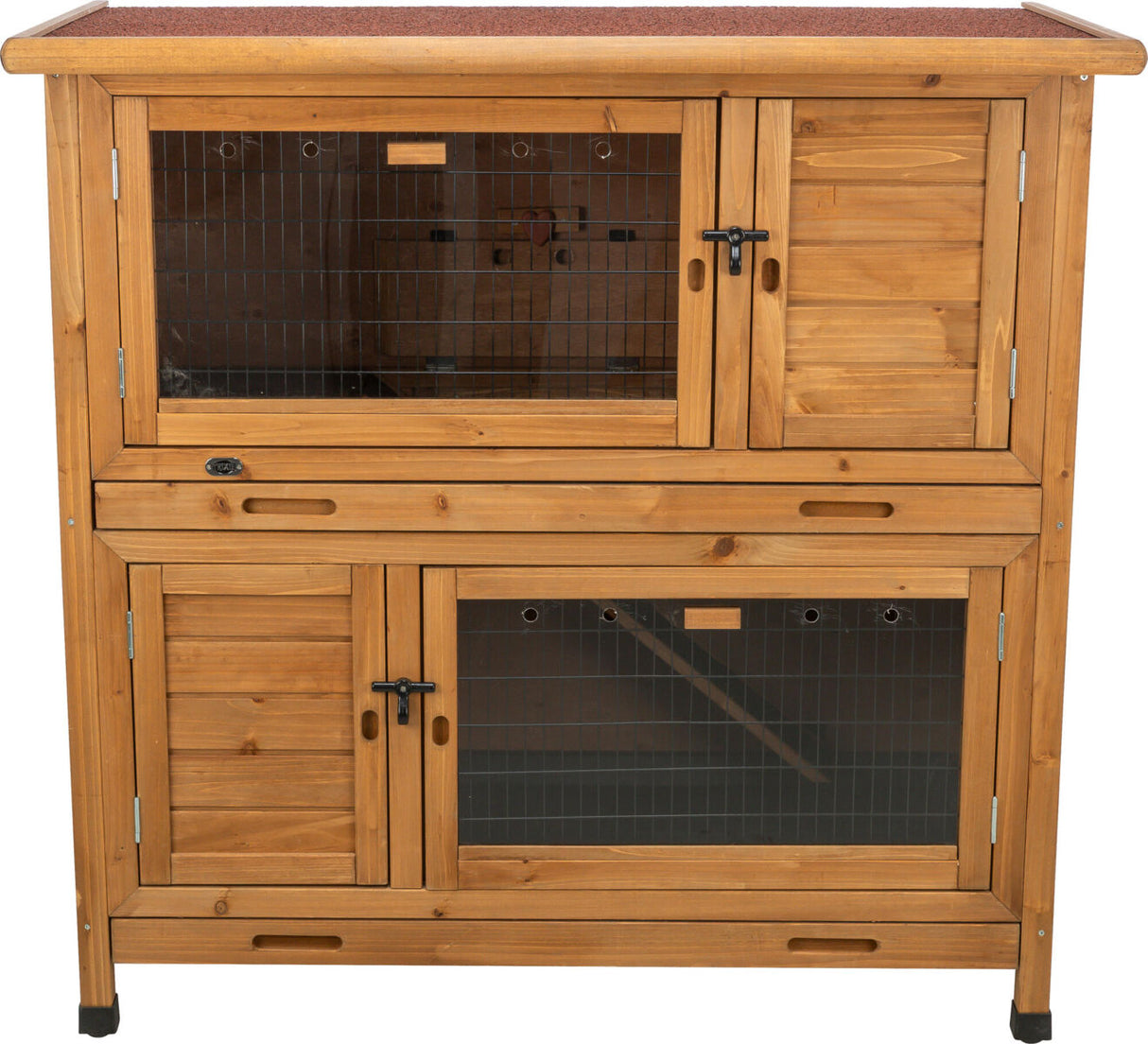 Holzstall mit zwei Etagen, verdrahteten Türen und verschließbaren Verschlüssen, geeignet für Kleintiere.