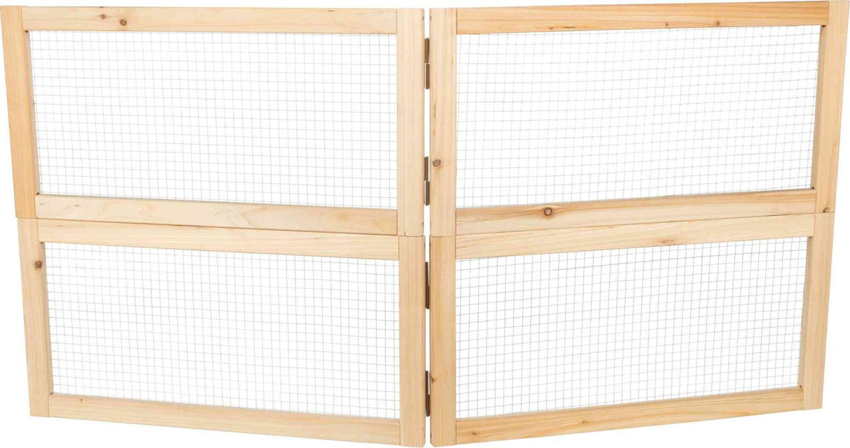 Holzgitter mit drei klappbaren, holzgerahmten Sektionen und metallischem Drahtnetz, helle Holzfarbe.