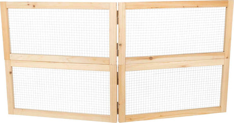 Holzgitter mit drei klappbaren, holzgerahmten Sektionen und metallischem Drahtnetz, helle Holzfarbe.