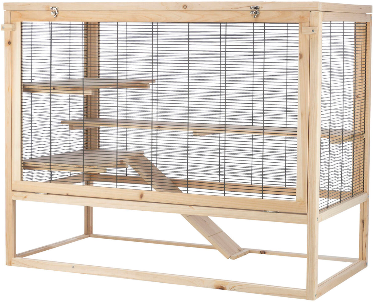 Holzrahmenkäfig mit mehreren Ebenen und Rampen aus Metallgittern, geeignet für Kleintiere.
