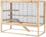 Holzrahmenkäfig mit mehreren Ebenen und Rampen aus Metallgittern, geeignet für Kleintiere.