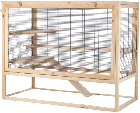 Holzrahmenkäfig mit mehreren Ebenen und Rampen aus Metallgittern, geeignet für Kleintiere.