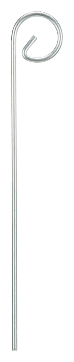 Silberne Metallstange mit spiralförmigem Haken am oberen Ende vor weißem Hintergrund.