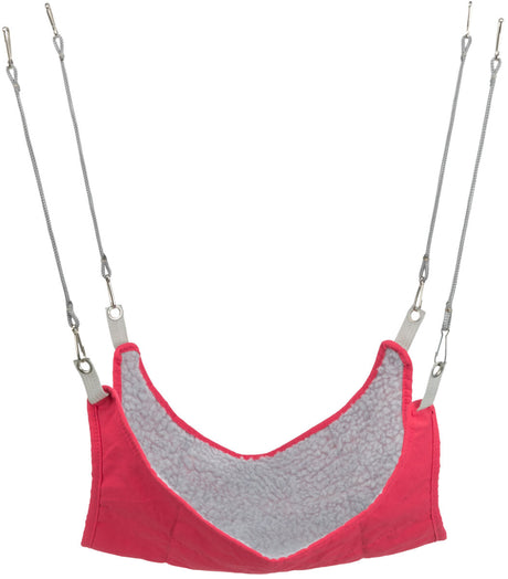 Pink-weißes textiles Hängematten-Accessoire mit vier grauen Aufhängeschnüren und Metallhaken sichtbar.
