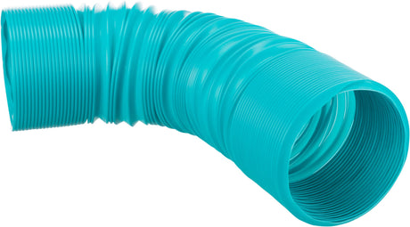 Geriffelter, flexibler, türkisfarbener Schlauch in gebogener Form mit gleichmäßiger Rillenstruktur.