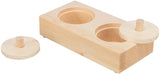 Holzblock mit zwei runden Vertiefungen und passenden, abnehmbaren Abdeckungen, naturbelassene Holzoptik.