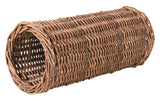 Geflochtener, brauner Zylinder aus Naturmaterial, hohle Struktur, wirkt robust und dekorativ.