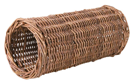 Geflochtener, brauner Zylinder aus Naturmaterial, hohle Struktur, wirkt robust und dekorativ.