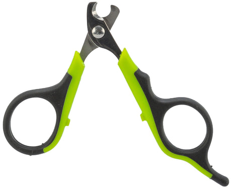 Nagelschere mit grün-schwarzen Griffen und gebogener Schneide, ideal für präzises Schneiden.