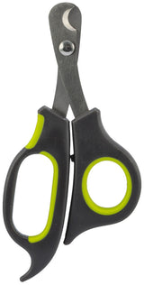 Schwarze und gelbe Nagelschere mit gebogener Klinge und ergonomischem Griff, geeignet für präzises Schneiden.