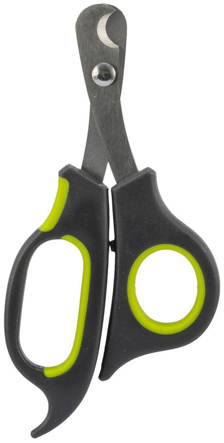 Schwarze und gelbe Nagelschere mit gebogener Klinge und ergonomischem Griff, geeignet für präzises Schneiden.