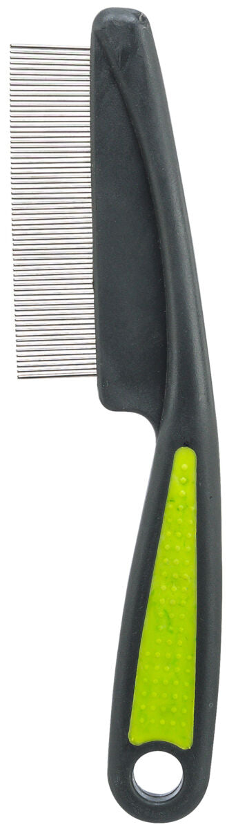 Ein schwarzer Kamm mit feinen Metallzinken und einem schwarzen Griff mit grüner Rutschfläche.