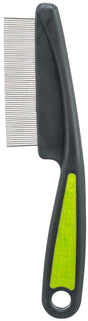 Ein schwarzer Kamm mit feinen Metallzinken und einem schwarzen Griff mit grüner Rutschfläche.