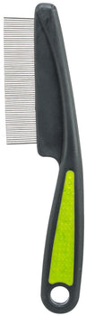 Ein schwarzer Kamm mit feinen Metallzinken und einem schwarzen Griff mit grüner Rutschfläche.