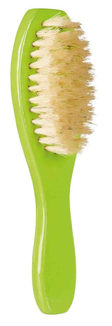 Grüne Bürste mit Holzborsten und ergonomischem Griff.