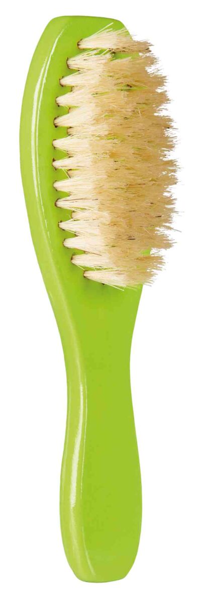 Grüne Bürste mit Holzborsten und ergonomischem Griff.