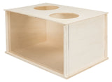 Holzkiste mit zwei runden Öffnungen oben, rechteckiger Form und unfertig bearbeiteter, naturfarbener Oberfläche.