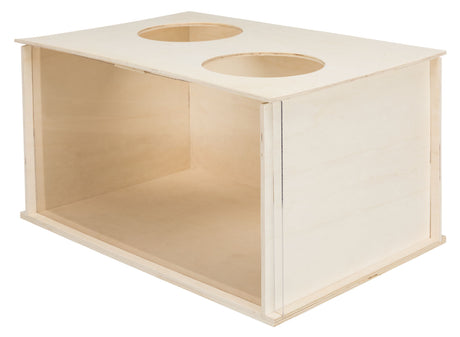 Holzkiste mit zwei runden Öffnungen oben, rechteckiger Form und unfertig bearbeiteter, naturfarbener Oberfläche.