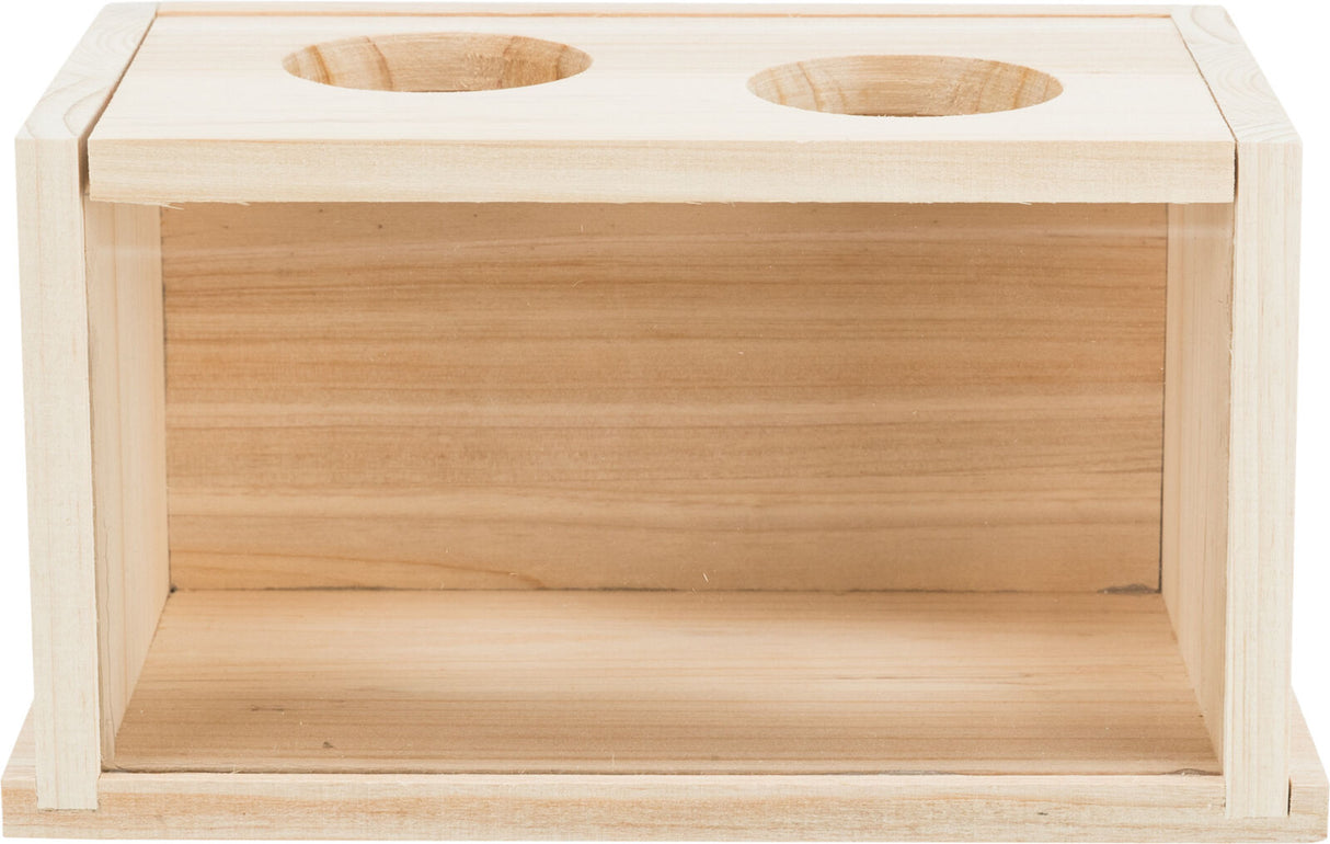 Holzrahmen mit zwei runden Öffnungen oben, heller Holzton, rechteckige Form, keine sichtbaren Dekorationen.