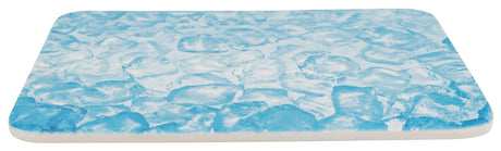 Rechteckige Matte mit blauem Muster aus Eiskristallen auf weißem Hintergrund, abgeschrägte Kanten.