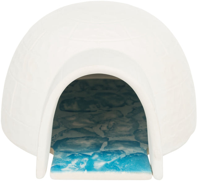 Weiße Kuppelstruktur mit blauem, marmoriertem Boden, die an ein Iglu erinnert.