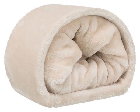Beige, plüschiges Kissen in Rollenform mit weichem, flauschigem Stoff und offener Vorderseite.