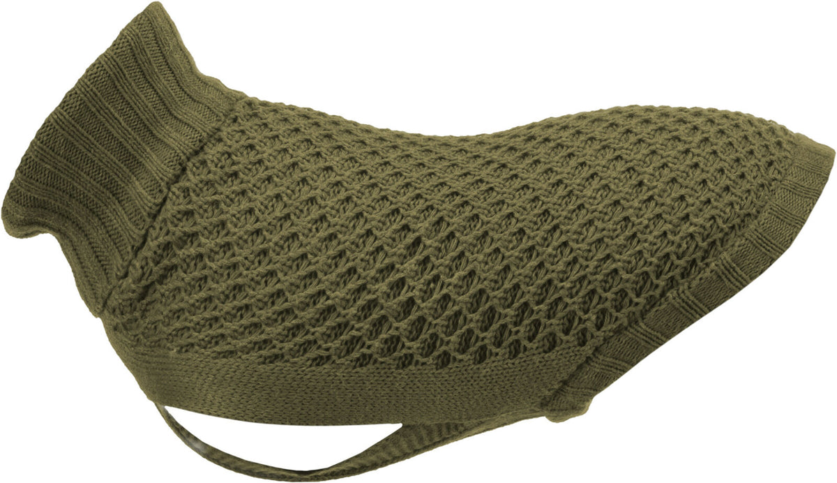 Olivgrünes, gestricktes Kleidungsstück für Hunde mit geripptem Kragen und einem durchbrochenen Muster.