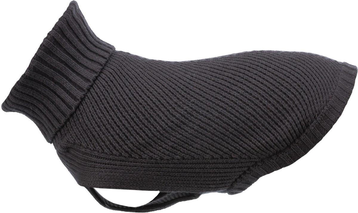 Dunkelgrauer Strickpullover für Hunde mit Rollkragen, seitlich aufgenommen.