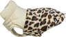 Hundemantel mit Leopardenmuster in Braun und Beige und einfarbigem Kragen; Öffnungen für Beine sichtbar.