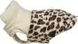Hundemantel mit Leopardenmuster in Braun und Beige und einfarbigem Kragen; Öffnungen für Beine sichtbar.