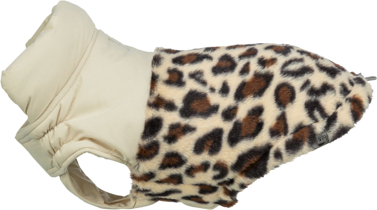 Hundemantel mit Leopardenmuster in Braun und Beige und einfarbigem Kragen; Öffnungen für Beine sichtbar.