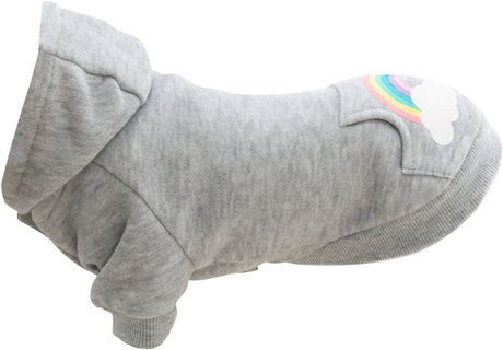 Grauer Hunde-Pullover mit Kapuze und Regenbogenmotiv auf dem Rücken, weicher Stoff, gerippte Bündchen.