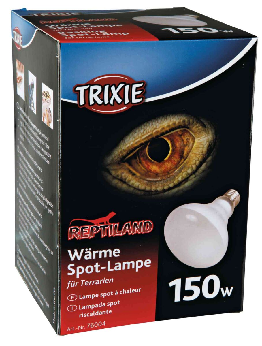 Schwarze Verpackung mit rotem und blauem Aufdruck, zeigt eine Glühbirne und das Bild eines Reptilienauges, Text: "Wärme Spot-Lampe für Terrarien 150W".