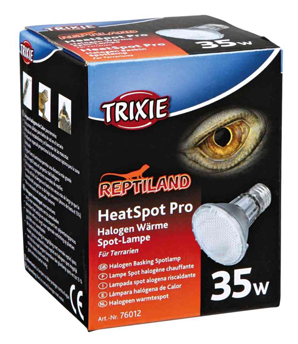Schwarze Verpackung mit dem Text "Trixie Reptiland HeatSpot Pro, Halogen Wärme Spot-Lampe, 35 W, für Terrarien".