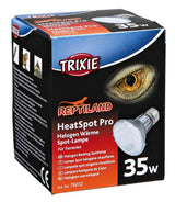 Schwarze Verpackung mit dem Text "Trixie Reptiland HeatSpot Pro, Halogen Wärme Spot-Lampe, 35 W, für Terrarien".
