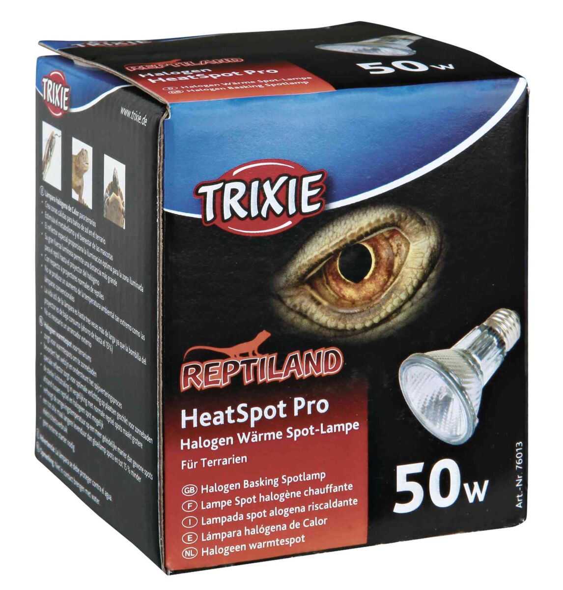 Verpackung einer Wärme-Spot-Lampe mit Reptilienauge und Produktinformationen, markiert mit "Trixie" und "HeatSpot Pro" für Terrarien, Leistung 50W.