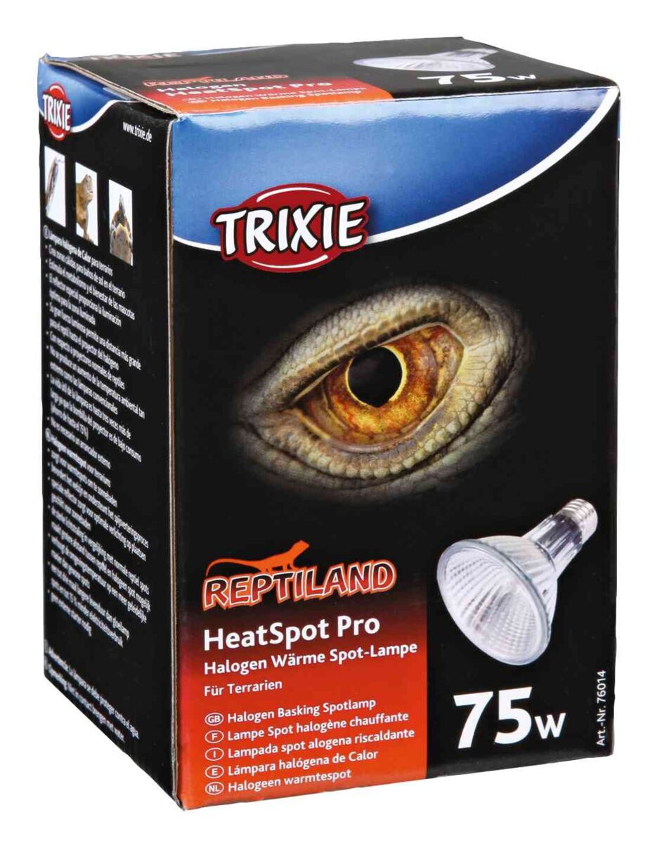 Box für eine Halogen-Wärme-Spot-Lampe Reptiland HeatSpot Pro mit 75W, zeigt ein großes Reptilienauge und das Trixie-Logo.