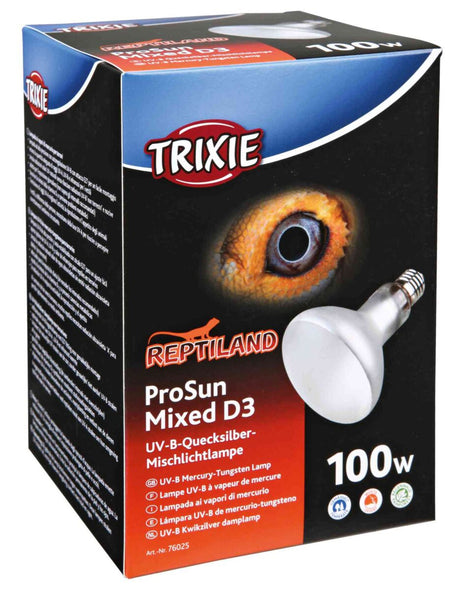 Schwarze Verpackung mit Trixie-Logo, Produktname "ProSun Mixed D3", UV-B-Quecksilber-Mischlichtlampe 100W, Reptilienauge.