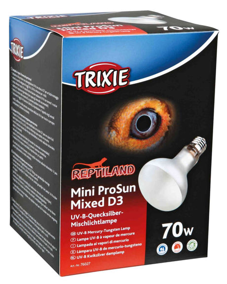 Verpackung einer UV-B-Quecksilber-Mischlichtlampe mit TRIXIE-Logo, Abbildung eines Auges und Text "Mini ProSun Mixed D3", Leistung 70 W.