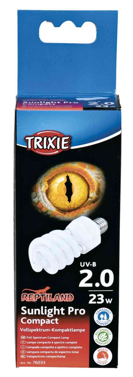 Verpackung einer Reptiland Vollspektrum-Kompaktlampe 23W mit Auge in der Mitte und Markenzeichen oben.