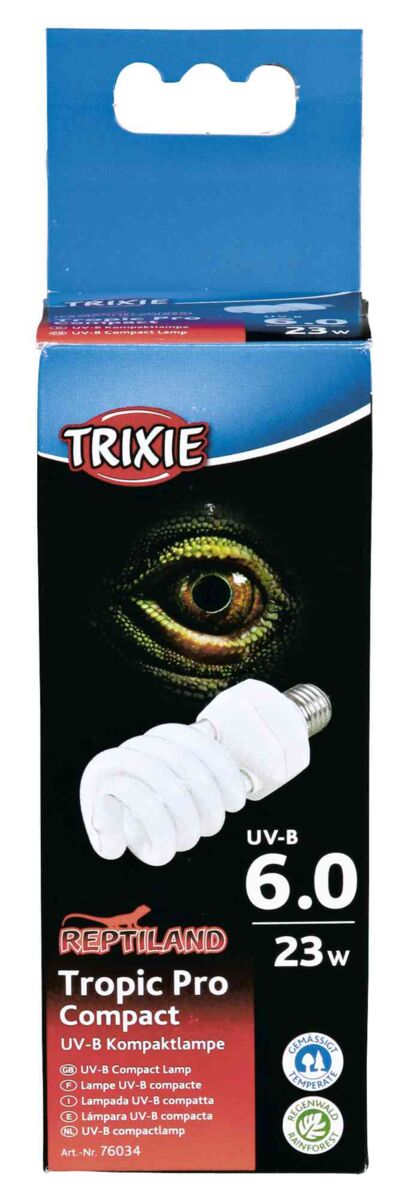 Verpackung einer UV-B Kompaktlampe, Marke Trixie, Modell Tropic Pro Compact, 23W, mit Aufdruck eines Reptilienauges.