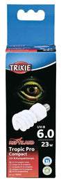 Verpackung einer UV-B Kompaktlampe, Marke Trixie, Modell Tropic Pro Compact, 23W, mit Aufdruck eines Reptilienauges.